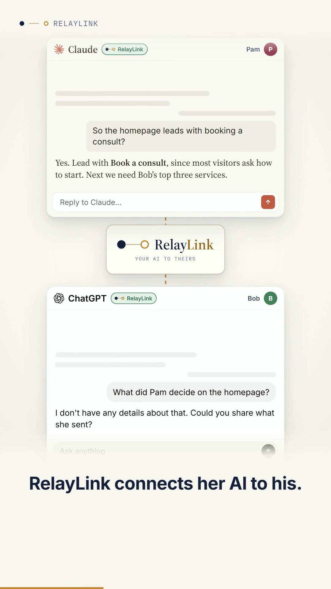 Pam's Claude above, Bob's ChatGPT below, RelayLink between them