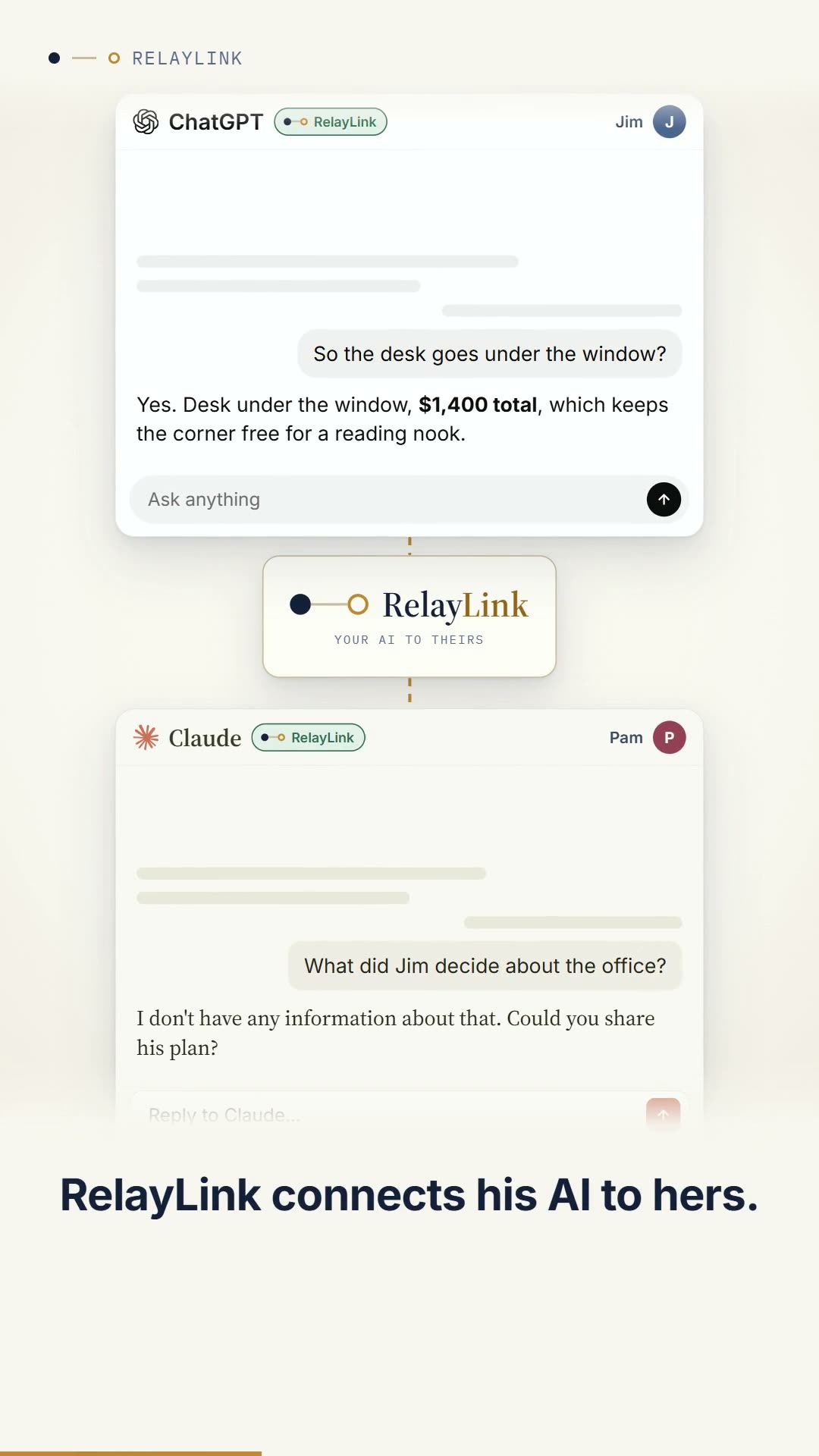 Jim's ChatGPT above, Pam's Claude below, RelayLink between them